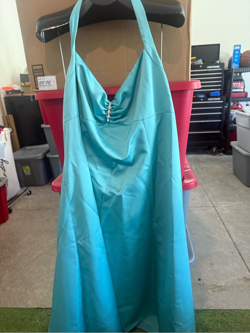 Turquoise Halter Satin Evening Dress with Jewel Accent mp58